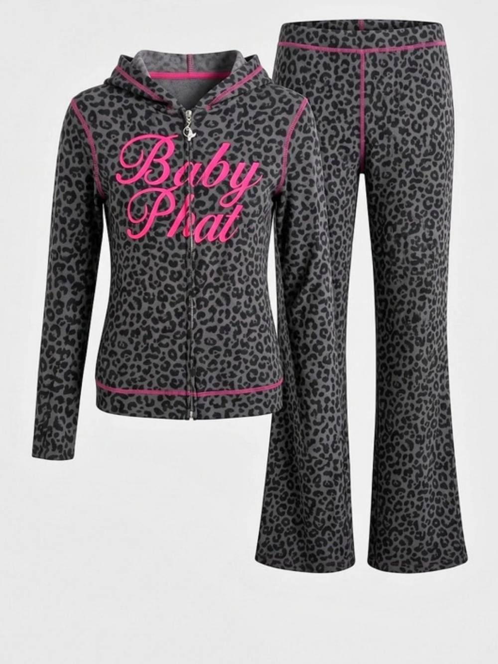 Baby Phat Leopard Print 2PC Set Zip Up Hoodie and Wide Leg Pant